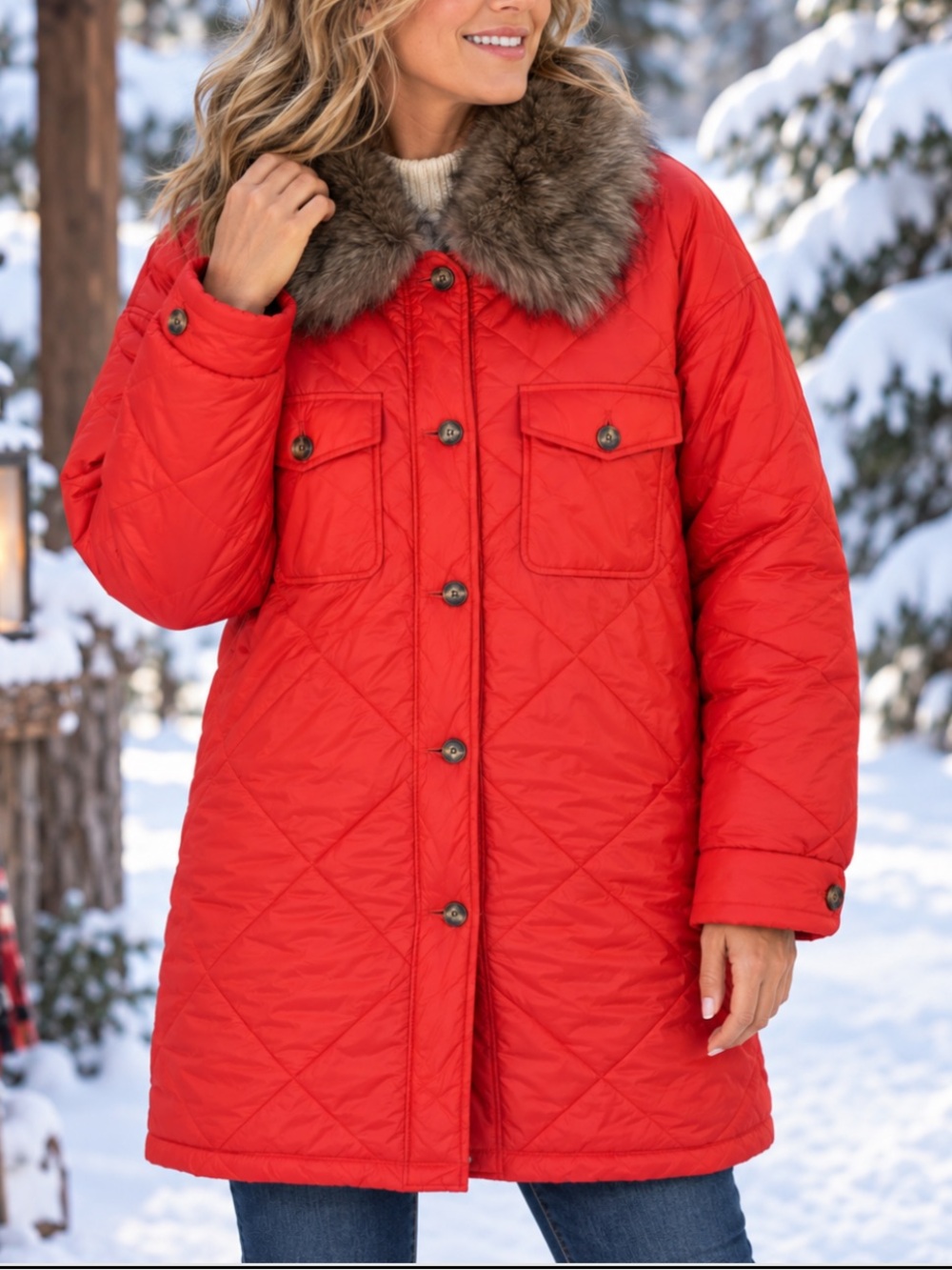 Aerie Quilted Puffer Coat Bright Orange Faux Fur Collar & Lined Inside Size M